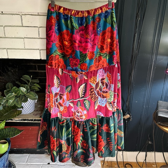 Anthropologie Farm Rio Drea Tiered Colorful Velvet Midi Skirt Size Small Boho - Picture 1 of 5
